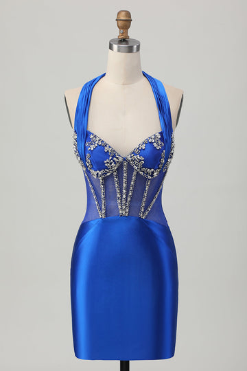 Sparkly Royal Blue Halter Bodycon Short Corset Cocktail Dress with Rhinestones
